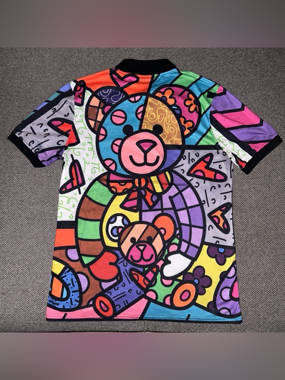 Rare Romero Britto Multicoloured teddy bear all over print Art polo shirt Medium